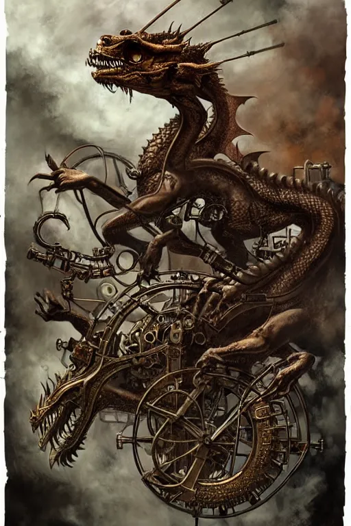 Image similar to hyper realistic old dying dragon lying down with steam punk apparatus on its back, white background, full frame, art byjon foster