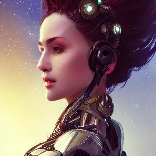 Image similar to closeup portrait of a young cyborg woman, cyberpunk, nighttime, fantasy, intricate, elegant, highly detailed, digital painting, artstation, concept art, matte, sharp focus, illustration, hearthstone, art by Artgerm and Gred Rutkowski and Alphonse Mucha