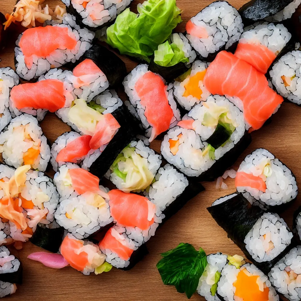 Image similar to close-up view of sushi on top of a wooden table, 8k, high detail, photorealistic, proper shading