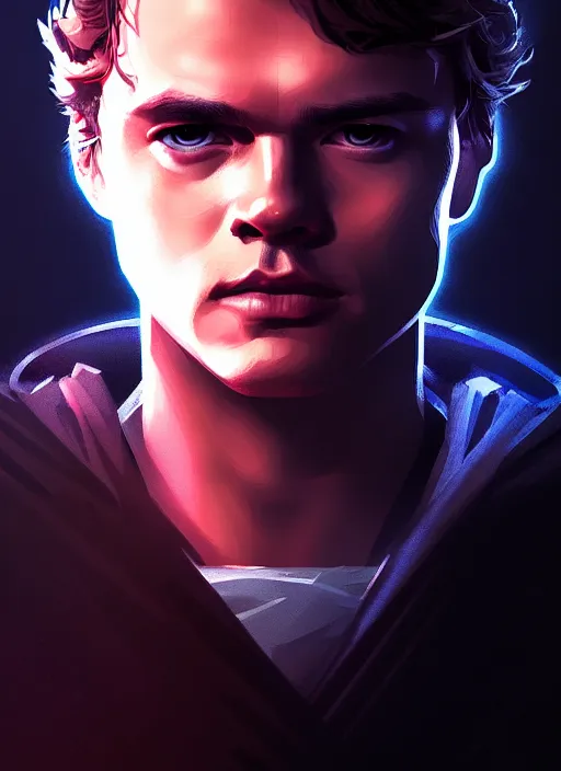 Image similar to a portrait of anakin skywalker with darkside corruption, cyberpunk, grim - lighting, high - contrast, intricate, elegant, highly detailed, digital painting, artstation, concept art, smooth, sharp focus, illustration