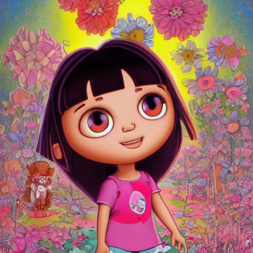 Prompt: dora the explorer as real girl in happy pose, detailed, intricate complex background, Pop Surrealism lowbrow art style, muted pastel colors, soft lighting, 50's looks by Mark Ryden and Yosuke Ueno and mucha, artstation cgsociety