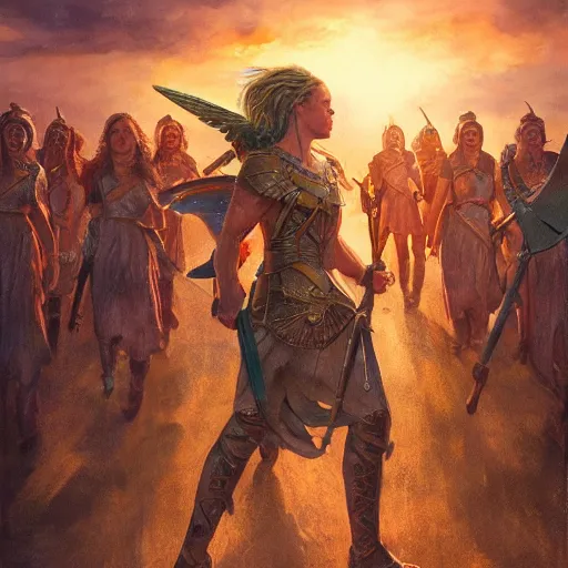 Image similar to the goddesses fraya going to war with her army of valkyries, golden hour, 8 k uhd, oil painting, high detail.