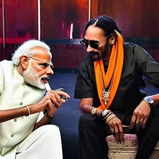 Image similar to narendra modi smoking with snoop dogg in a well lit room, nice vibe