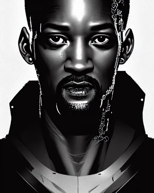 Image similar to a full length portrait of cyberpunk will smith, grim - lighting, high - contrast, intricate, elegant, highly detailed, digital painting, artstation, concept art, smooth, sharp focus, illustration