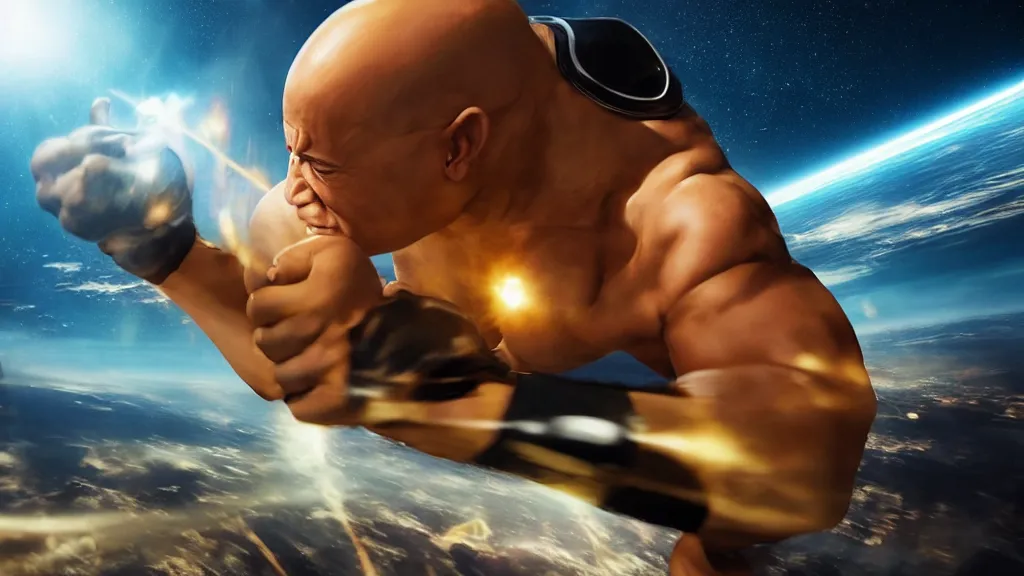 Image similar to extreme wide shot of vin diesel as saitama!!! punching!!! a car!!! into space, ultra realistic, lens flare, atmosphere, glow, detailed, intricate, full of colour, cinematic lighting, trending on artstation, 4 k, hyperrealistic, focused, extreme details, unreal engine 5, cinematic, masterpiece
