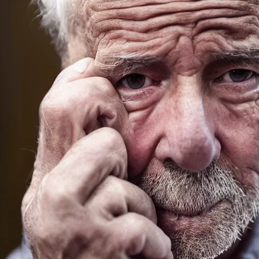 Prompt: a masterpiece portrait photo of an older man biting nails, mary elizabeth winstead symmetrical face