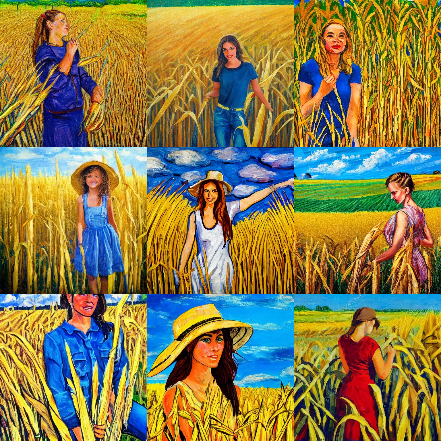 Prompt: expressionist painting of a beautiful farm girl in golden fields of corn stalks. high quality, realistic