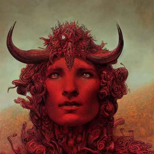 Image similar to a photographic portrait of a scarlet - colored beast with seven ( 7 ) heads and ten ( 1 0 ) horns by gustave dore and stephen hickman and allen williams, trending on artstation, cgsociety, 4 k hd, earthtone colors, a woman riding the back of the beast