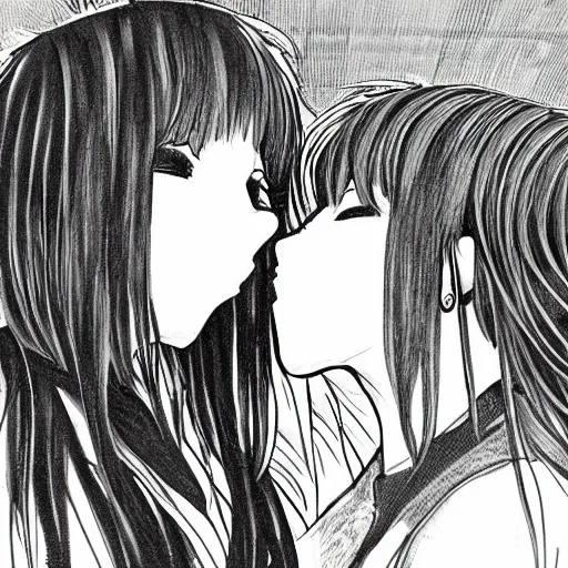 Image similar to portrait of two girls kissing, detailed manga art