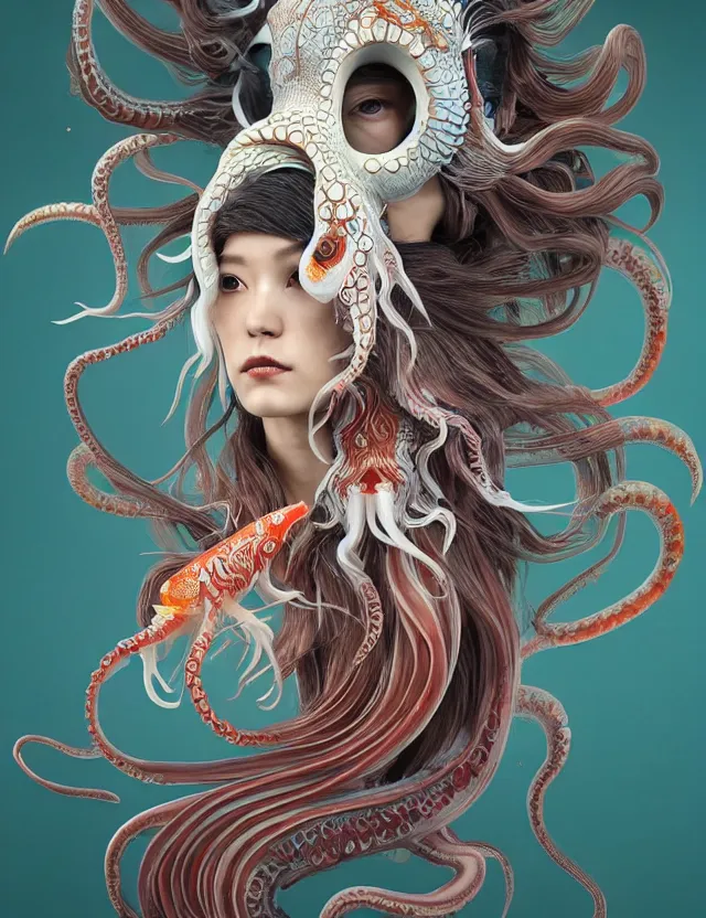 Image similar to 3 d goddess squid half - turn portrait with long hair with ram skull. beautiful intricately detailed japanese crow kitsune mask and clasical japanese kimono. betta fish, jellyfish phoenix, bio luminescent, plasma, ice, water, wind, creature, artwork by tooth wu and wlop and beeple and greg rutkowski