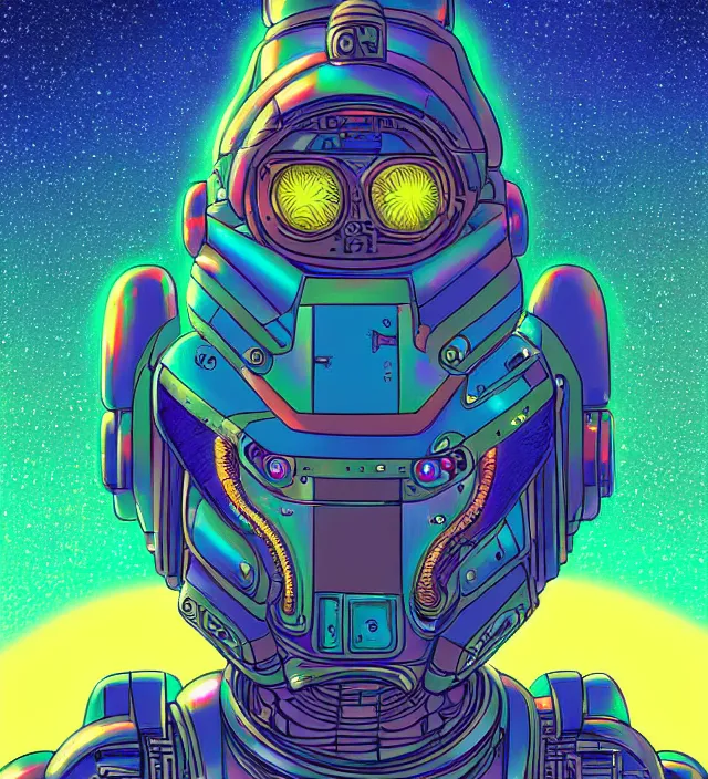 Prompt: a portrait of a mecha dragon in a iridescent intricate spacesuit, digital art, 4 k, synthwave color palette, galactic background, vintage sci - fi soft grainy, inspired moebius, inspired by tim white, in the style of studio ghibli