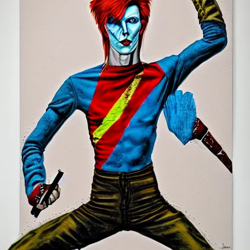 Image similar to Ziggy Stardust holding a Bowie knife, james jean, fist