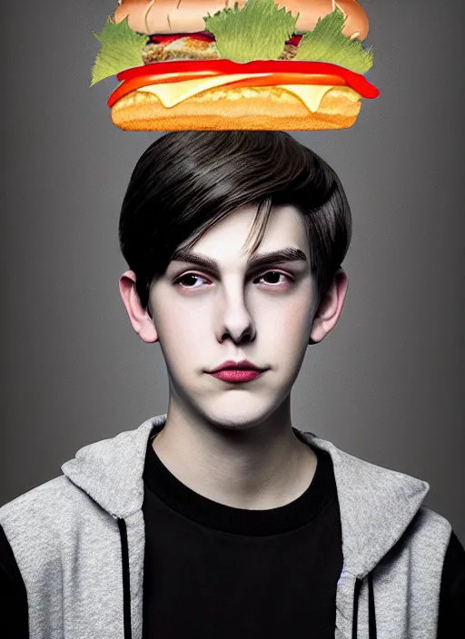Image similar to portrait of teenage jughead jones wearing a light grey crown, crown, hamburger background, eyes closed, crown, black hair, intricate, elegant, glowing lights, warm lighting, highly detailed, digital painting, artstation, concept art, smooth, sharp focus, illustration, art by wlop, mars ravelo and greg rutkowski