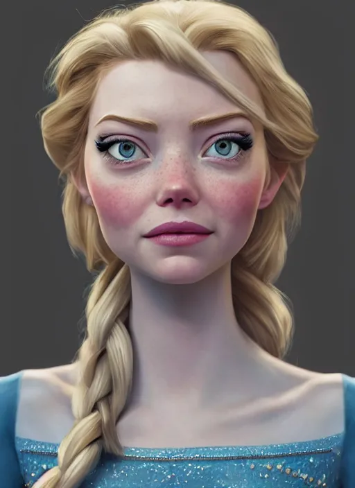 Image similar to Elsa from frozen portrait of Emma Stone, au naturel, hyper detailed, digital art, trending in artstation, cinematic lighting, studio quality, smooth render, unreal engine 5 rendered, octane rendered, art style by klimt and nixeu and ian sprigger and wlop and krenz cushart