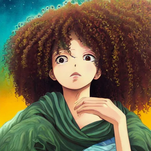 Image similar to a somali woman with curly hair, painting on a canvas, anime style, studio ghibli, contemplative, beautiful, surreal, detailed, dreamy