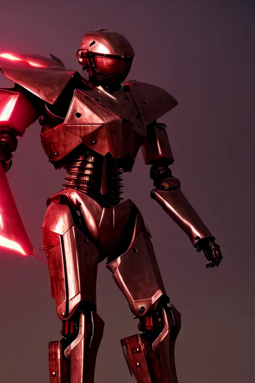 Prompt: hyper detailed 8 k cg cinematic still, rendering with volumetric lightning and ray tracing, crimson skinny full body armored core, weathering armor plating, endoekeleton exposure