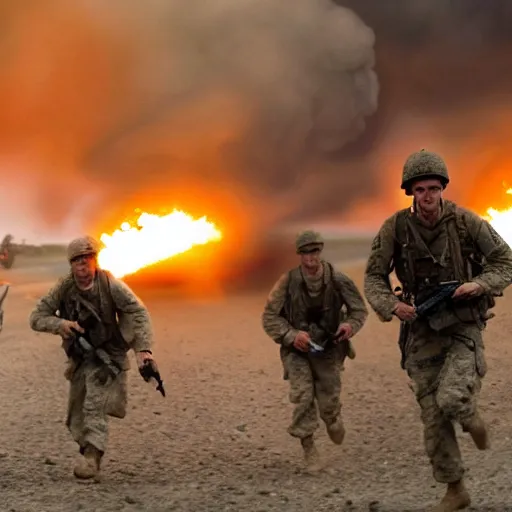 Image similar to american soldiers running at the camera during normandy beach landing with fiery explosions and debris all around them in the style of the movie lone survivor and saving private ryan, gritty, 4 k, cinematic lighting,