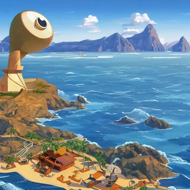 Image similar to a remote island research station in the middle of the ocean, rhads!!!, magical realism, archipelago, urban fantasy, saturday morning cartoon, clean linework, ( alexander archipenko ), ( tex avery ), western animation