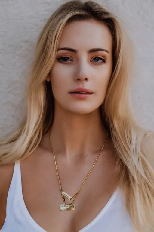 Image similar to 2 4 year old professional blonde female wearing white v - neck top, single gold chain necklace, neck zoomed in, photo realistic, extreme detail skin, light freckles, no filter, slr, golden hour, 4 k, high definition, photograph, selfie