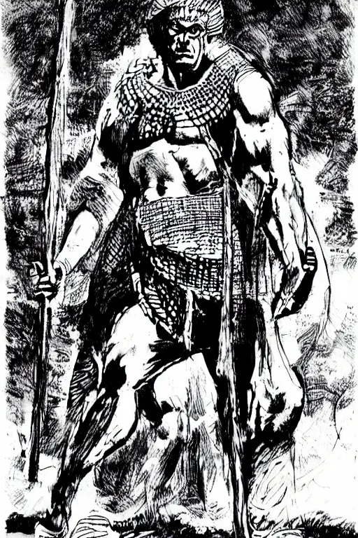 Image similar to ancient historically accurate depiction of the Bible Character Goliath of Gath, the Philistine warrior giant by frank miller