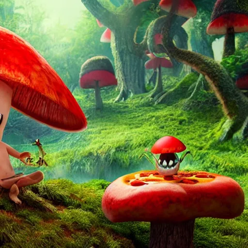 Prompt: a nature photo of a cute, adorable, fury monster eating bugs for lunch while sitting on a red mushroom in the fantasy forest, in the style of Pixar, extremely detailed, wide shot, sharp and detailed, Octane render