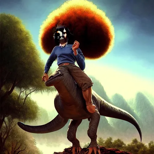 Image similar to bob ross!!! riding!!! a dinosaur!!, giant afro!, model pose, ultra realistic, concept art, intricate details, highly detailed, photorealistic, octane render, 8 k, unreal engine. art by artgerm and greg rutkowski and alphonse mucha