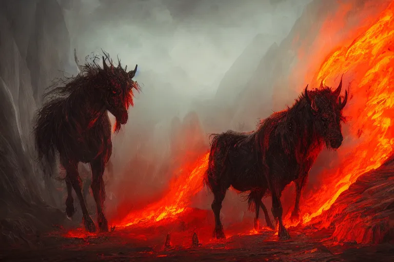 Prompt: fine art painting of a nightmare in a hellish landscape, flaming hooves and burning eyes, artstation, cgsociety, very detailed, intricate, masterpiece, stunning, romanticism