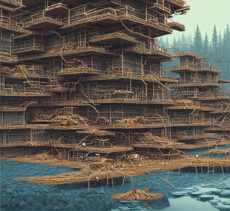 Prompt: photography hyperrealism concept art of highly detailed beavers builders that building highly detailed futuristic city with sticks by hasui kawase and scott listfield sci - fi style hyperrealism