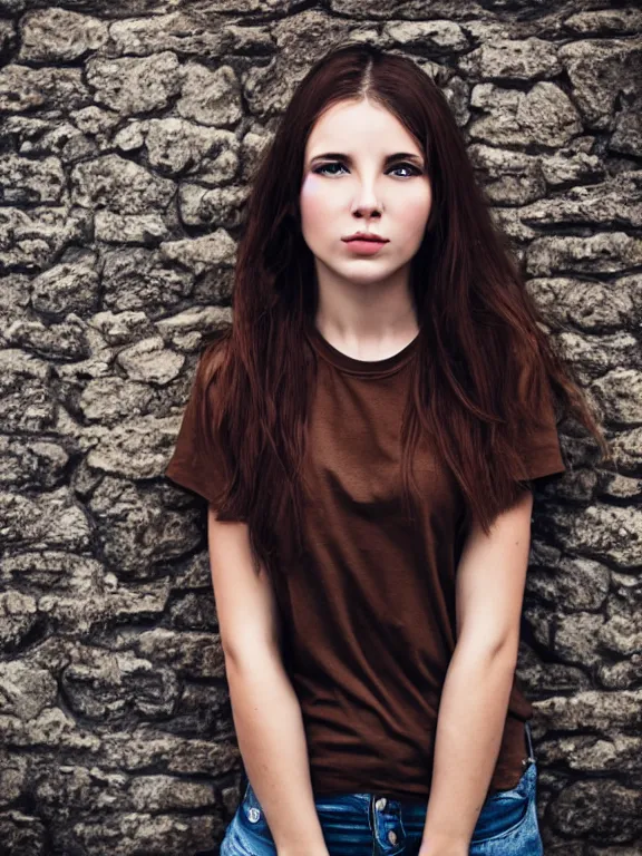 Prompt: hyperdetailed photo of a beautiful ukrainian girl, brown eyes, dark hair, winds of winter, with very tight t - shirt