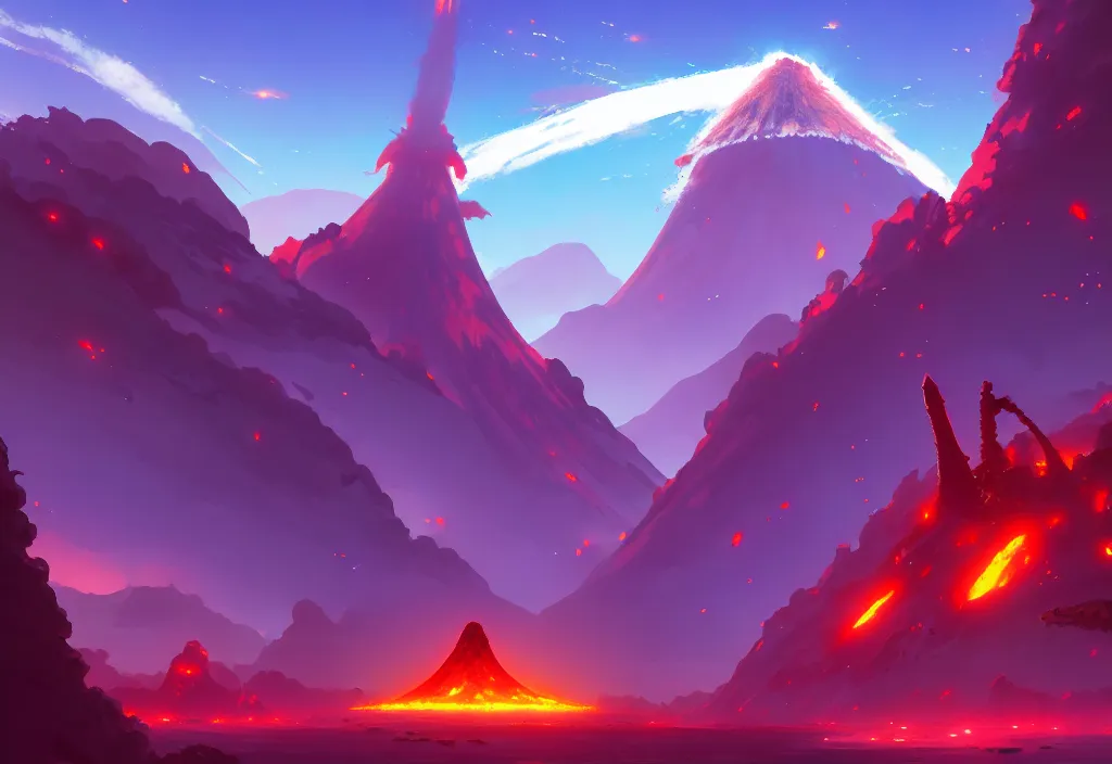 Image similar to volcano on a alien planet, anime, official fanart behance hd artstation by jesper ejsing and makoto shinkai, 4 k