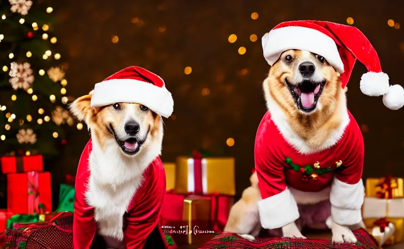 Image similar to studio photography of a dog wearing a christmas outfit, detailed face, cinematic lighting, 8 k