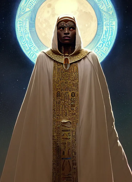 Image similar to close up portrait of noble khonsu under moonlight, egyptian symbolism, white eyes no pupils, hooded african man wrapped in linen by artgerm, cushart krenz, greg rutkowski, mucha. art nouveau. gloomhaven, swirly lunar ripples, pale colors, soft edges. ultra clear detailed. 8 k. elegant, intricate, octane render