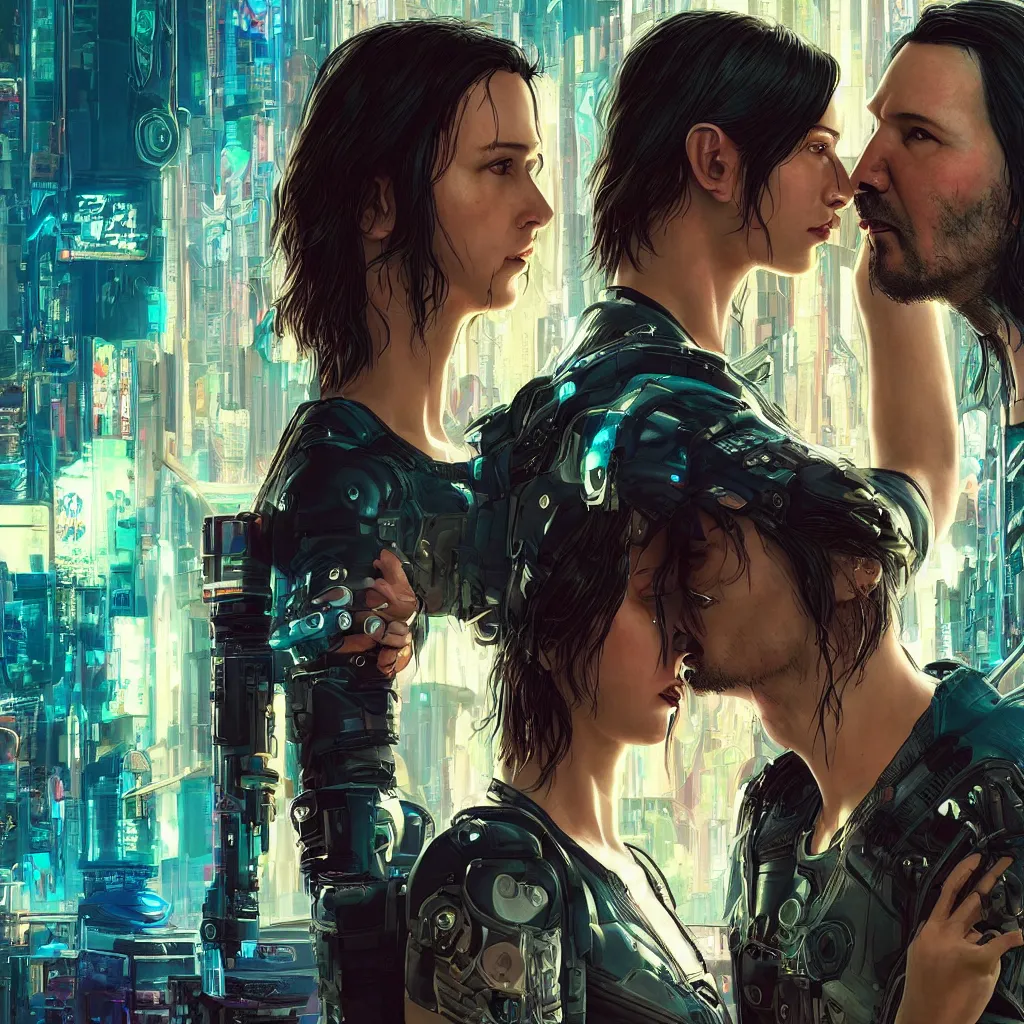 Image similar to a cyberpunk 2077 srcreenshot couple portrait of Keanu Reeves and female android final kiss,love,film lighting,by Laurie Greasley,Lawrence Alma-Tadema,Andrei Riabovitchev,Dan Mumford,John Wick,Speed,Replicas,artstation,deviantart,FAN ART,full of color,Digital painting,face enhance,highly detailed,8K,octane,golden ratio,cinematic lighting