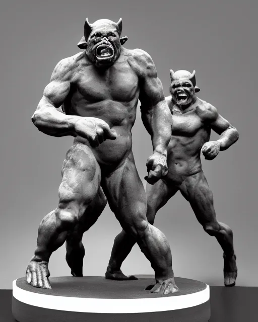 Image similar to a full figure rubber sculpture of a group of running orcs, by Michelangelo, dramatic lighting, rough texture, subsurface scattering, wide angle lens