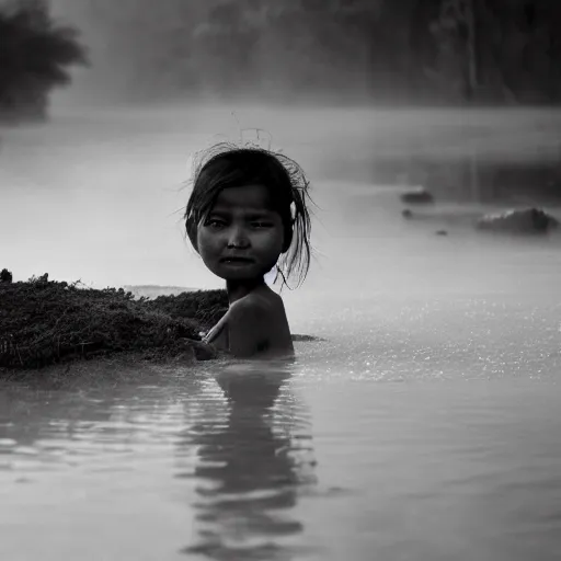 Image similar to award winning photo of a nepali village girl, bathing in a river, early morning, foggy, sunlight