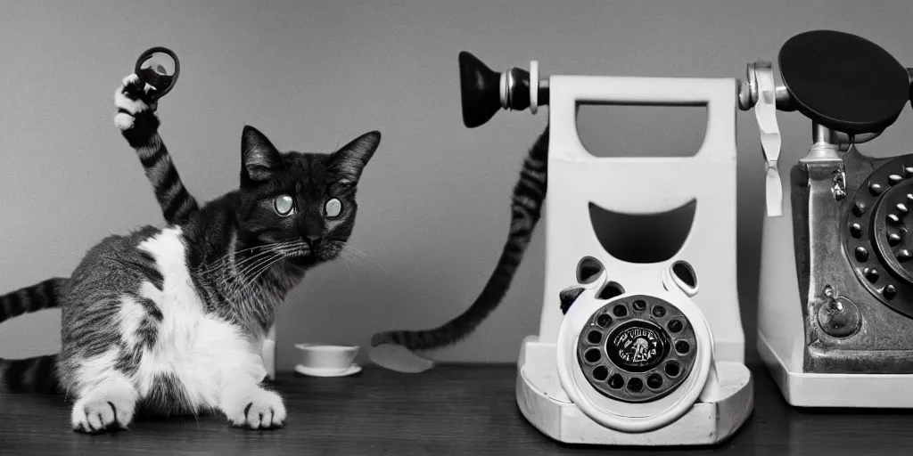 Image similar to photo of a cat laughing wide and hilariously into an old rotary phone that it is holding with its paw to its face. interior home office, at computer deist and keyboard and monitor, tec - supportt, it help, frustration, spilling coffee everywhere