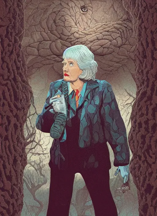 Prompt: twin peaks poster artwork by michael whelan and tomer hanuka, rendering of close up portrait, old woman, snake scale pattern on sweater vest, full of details, by makoto shinkai and thomas kinkade, matte painting, trending on artstation and unreal engine