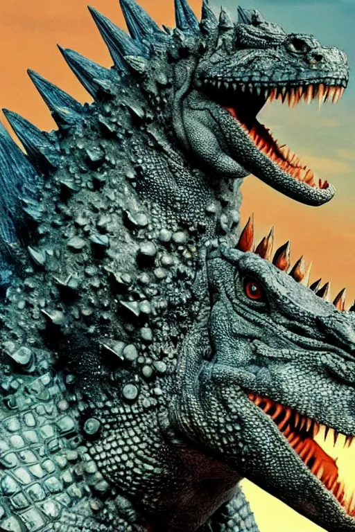 Image similar to Godzilla, kaiju, sea creature, crocodile, iguana, dragon, spikes, sharp teeth, scary look, angry