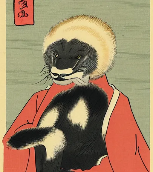 Image similar to ukiyo-e ukiyoe portrait of furry anthro anthropomorphic badger head animal person fursona wearing clothes sitting in a living room