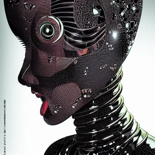 Image similar to portrait closeup of black reflective glossy dark beautiful woman robot, sensual pose, symmetrical, by yoichi hatakenaka, masamune shirow, josan gonzales and dan mumford, ayami kojima, takato yamamoto, barclay shaw, karol bak, yukito kishiro, moebius