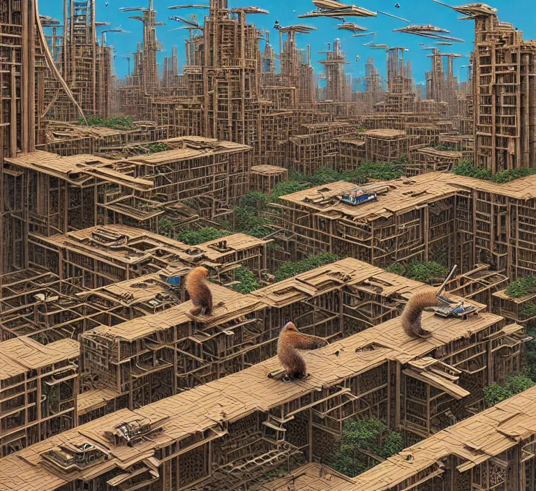 Image similar to photography hyperrealism concept art of highly detailed beavers builders that building highly detailed futuristic city with sticks by hasui kawase and scott listfield sci - fi style hyperrealism