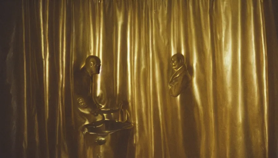 Image similar to movie still by tarkovsky portrait of a gold statue of lenin in the bathroom, cinestill 8 0 0 t 3 5 mm, heavy grain, high quality, high detail