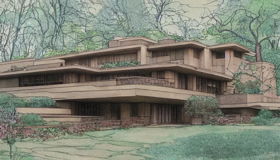 Image similar to frank lloyd wright house as a botanical illustration