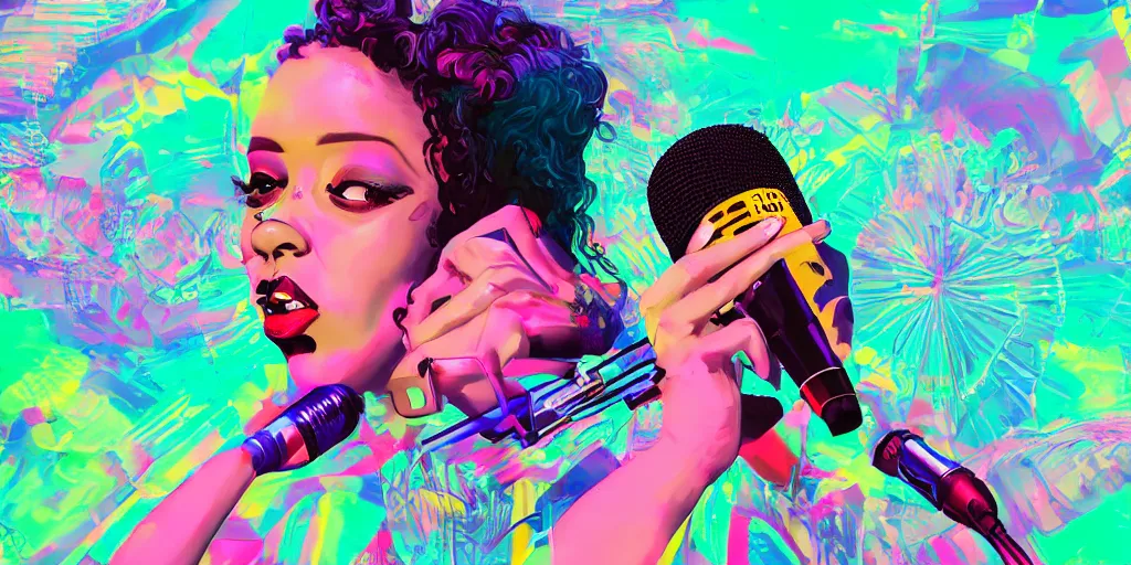 Prompt: lady rapper performing at huge festival holding microphone, epic angle, digital art, vaporwave, psychedelic, surreal, hip hop, trending on Artstation, professional artist, detailed, 4k