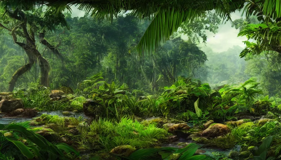 Prompt: inside a wild jungle, some animals, birds, toxic flowers, lianas in trees, high trees, hyperrealistic, 4 k, artstation, ultra detailed, river through jungle, stones in river, much green, blue sky, sunny weather, shadows, many plants, grass