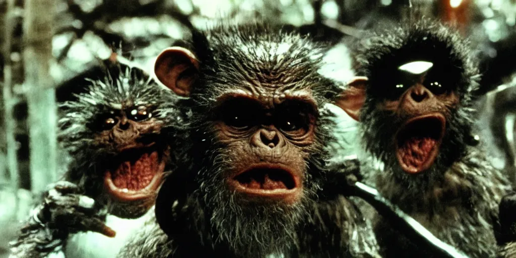 Image similar to frame from planet of the apes gremlins.