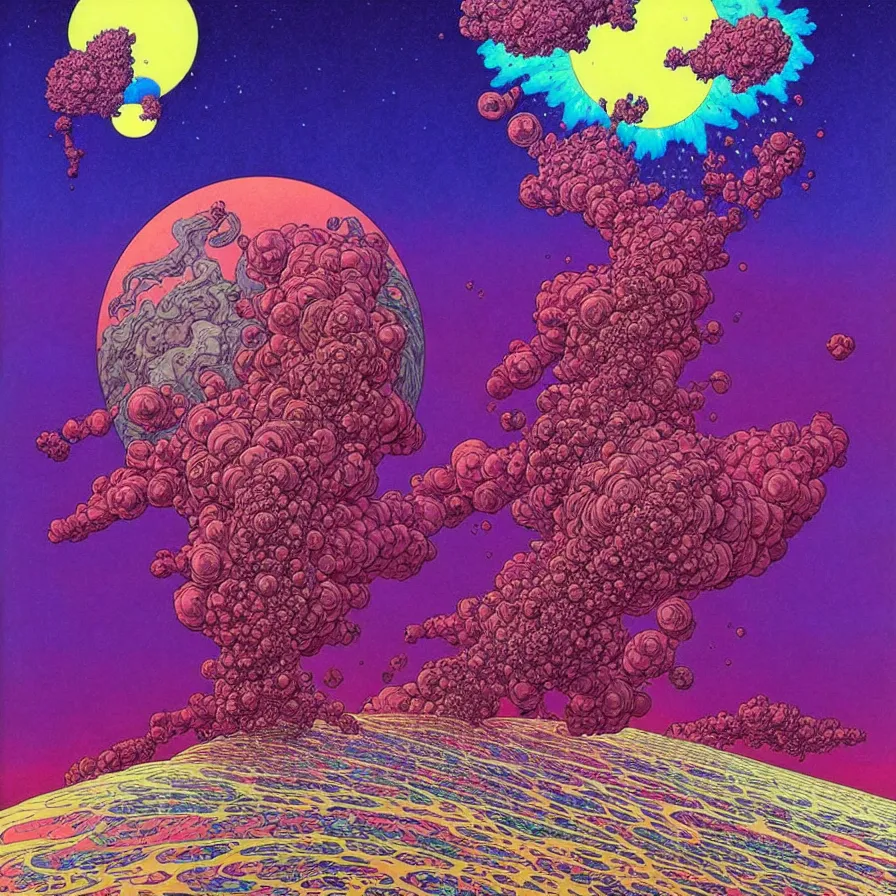 Image similar to ( ( ( ( beautiful flowers and gas cloud in a strange planet ) ) ) ) by mœbius!!!!!!!!!!!!!!!!!!!!!!!!!!!, overdetailed art, colorful, artistic record jacket design