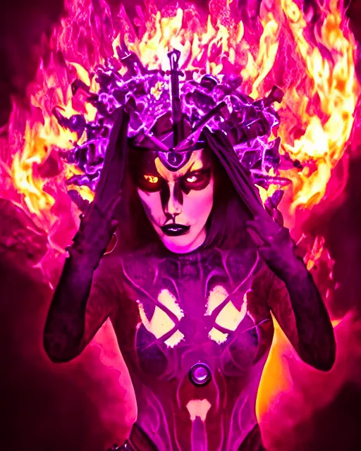 Image similar to pyromancer devil girl cover in purple death flames, deep pyro colors, purple laser lighting, award winning photograph, radiant flares, intricate, various refining methods, micro macro autofocus, evil realm magic painting vibes