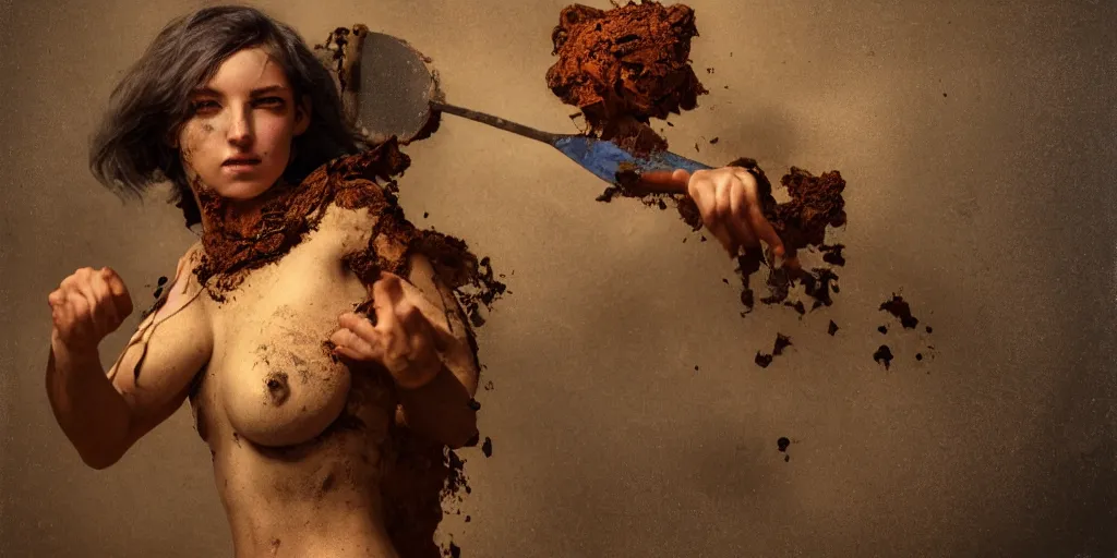 Prompt: highly detailed photography of a woman made of rust clay and ember, rocks, hand gesture, sharp focus, dust particles, dirt, dramatic scene, aesthetic, dynamic lighting, elegant, harmony, masterpiece, by roberto ferri, blue background, high quality, spatula