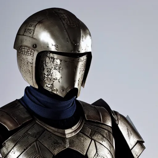 Image similar to photo of rowan atkinson in mandelorian armor helmet off, high res, realistic, high detail